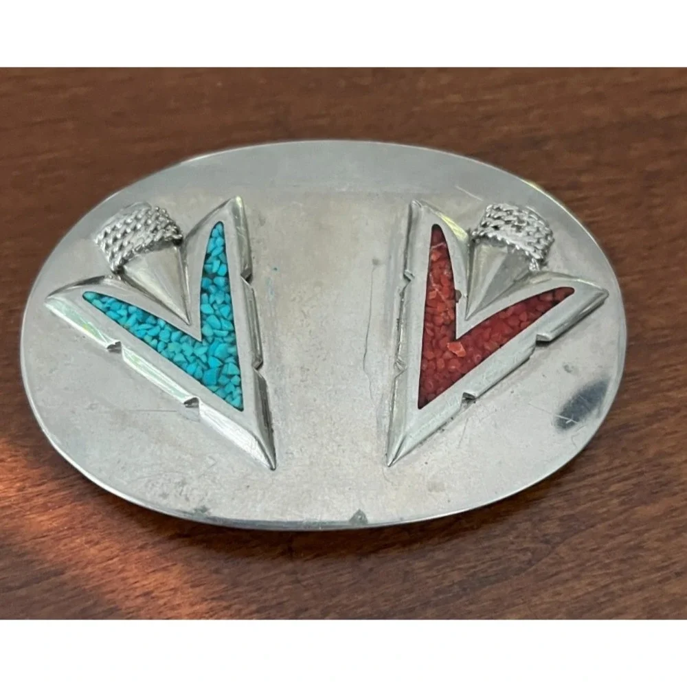 Vintage Native American Arrowhead Turquoise Coral Belt Buckle